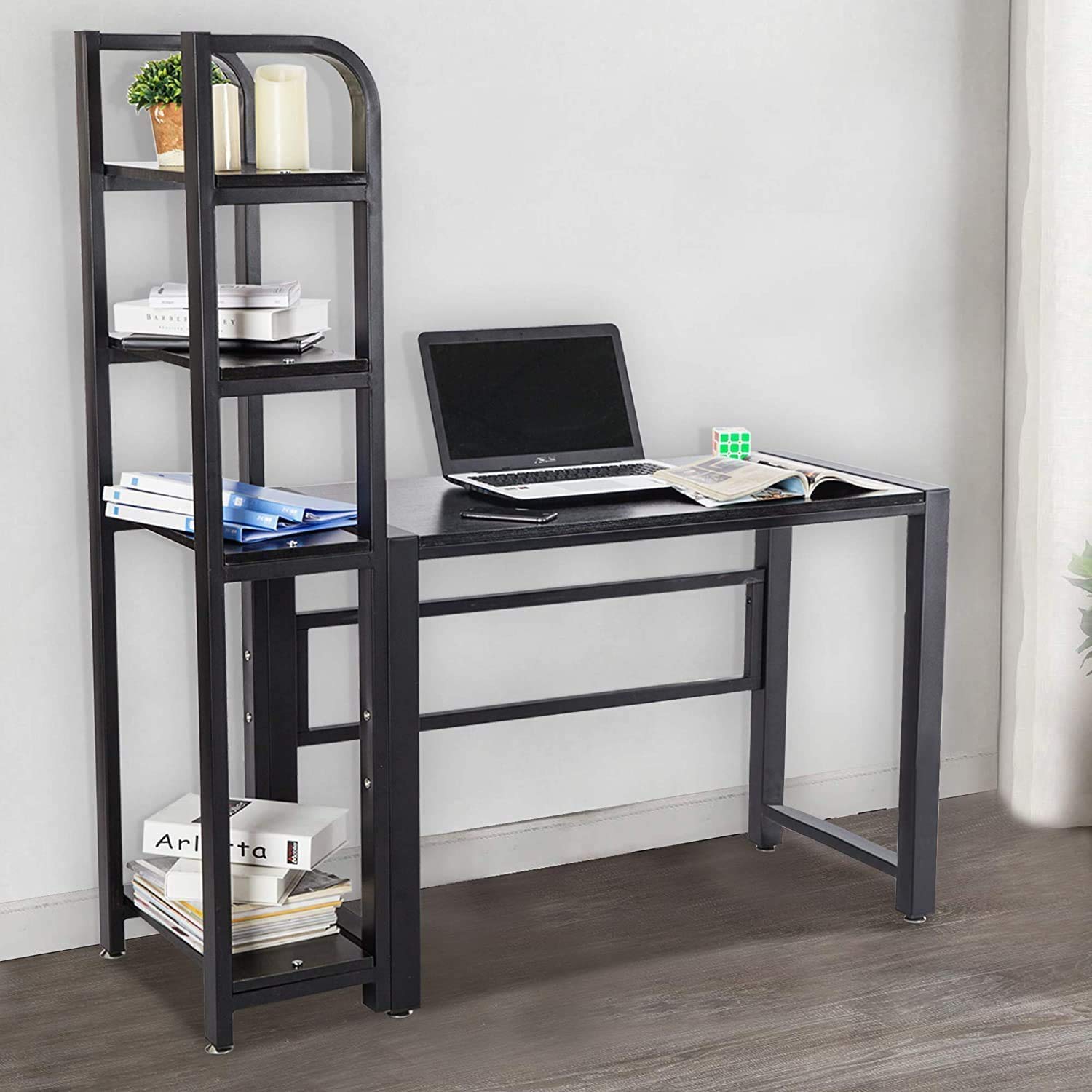 Computer Desk for Home Office - 50" Writing Study Table with 4 Tier Bookshelf - Multipurpose Modern Wood Desk Workstation with Metal Frame for ...