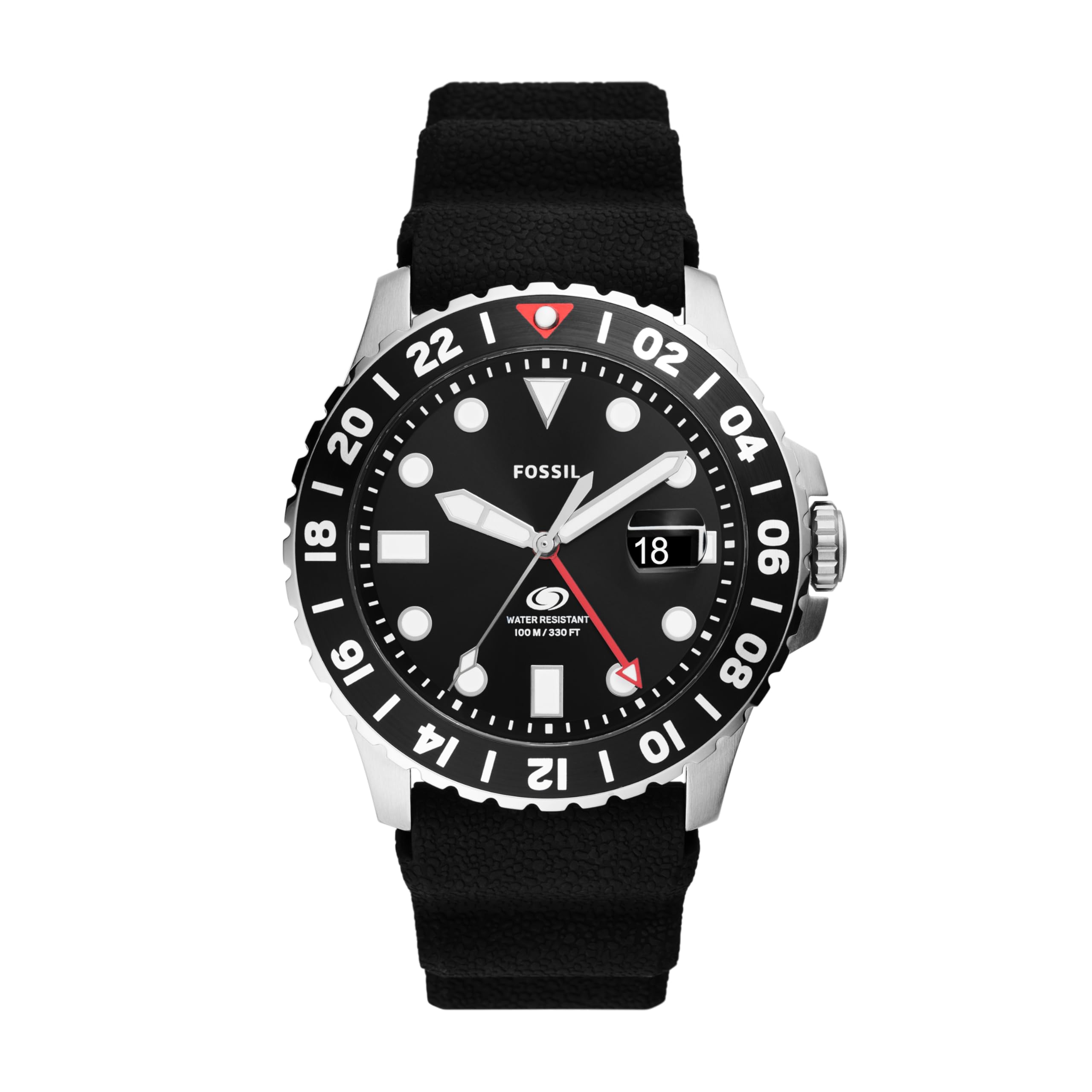 Fossil Men's Blue GMT Stainless Steel and Silicone Dual Time Watch, Color: Black Silicone (Model: FS6036)