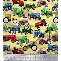 Soimoi Sewing Cotton Cambric Fabric Material Tractor Print 58 Inches Wide by The Yard-Pale Yellow