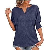 Womens Casual V Neck Tops Summer Ruffle Half Sleeve T-Shirts 2024 Fashion Loose Fit Solid Tee Blouses for Going Out