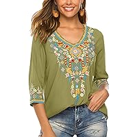 LauraKlein Women's Boho Embroidered Peasant Tops 3/4 Sleeve V Neck Mexican Bohemian Shirts Tunics Blouses