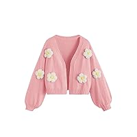 SHENHE Girl's Floral Patched Open Front Lantern Sleeve Cute Cardigan Sweater Outerwear