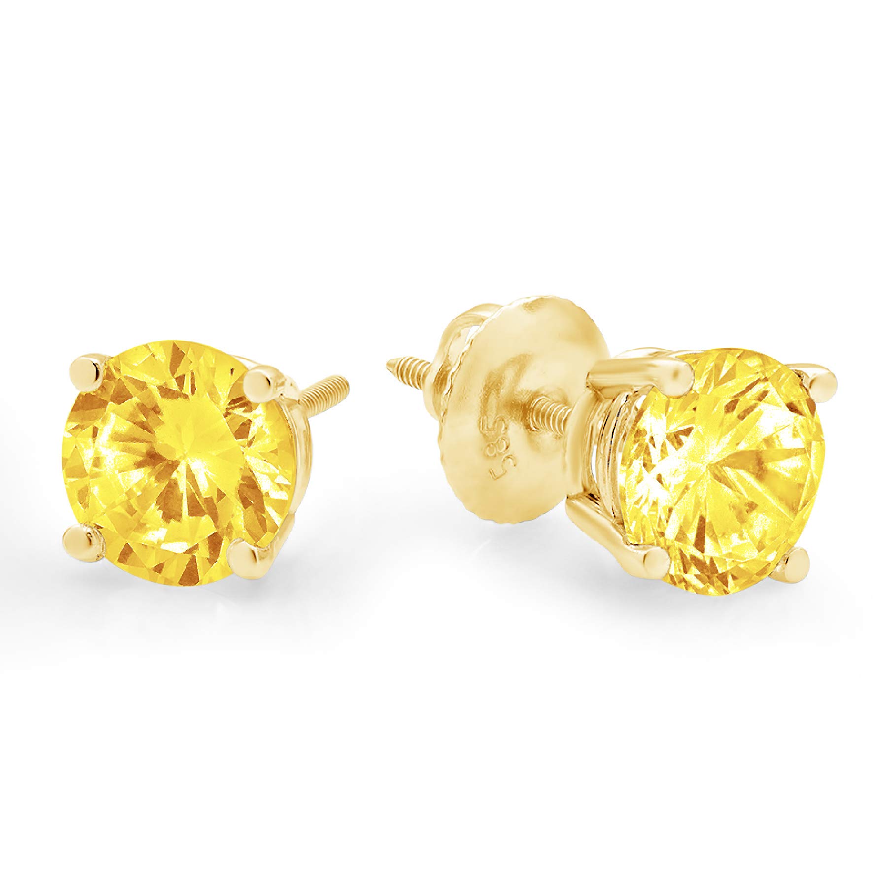 4.0 ct Round Cut ideal VVS1 Conflict Free Gemstone Solitaire Canary Yellow CZ Classic Designer Stud Earrings Solid 14k Yellow Gold Screw Back