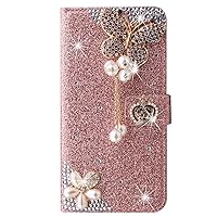 XYX Wallet Case for Samsung Galaxy A15 5G 6.5 inch, Bling Glitter Crown Butterfly Diamond Luxury Flip Card Slot Girl Women Phone Case Protection Cover, Rose Gold