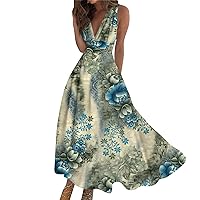 Dresses for Women 2024 Floral Summer Vacation Long Maxi Summer Sleeveless V Neck Boho Waist Retro Printed Dress