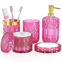 Hot-Pink Bathroom Accessories Set, 5 Pcs Glass Bathroom Accessories with Lotion Soap Dispenser, Soap Dish, Toothbrush Holder, Tumbler, Cotton Swab Jars