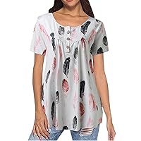 Women Tops,Loose Plus Size Printed Tunic V-Neck Summer Short Sleeve Shirt Button Sexy Tees Trendy Top Blouse