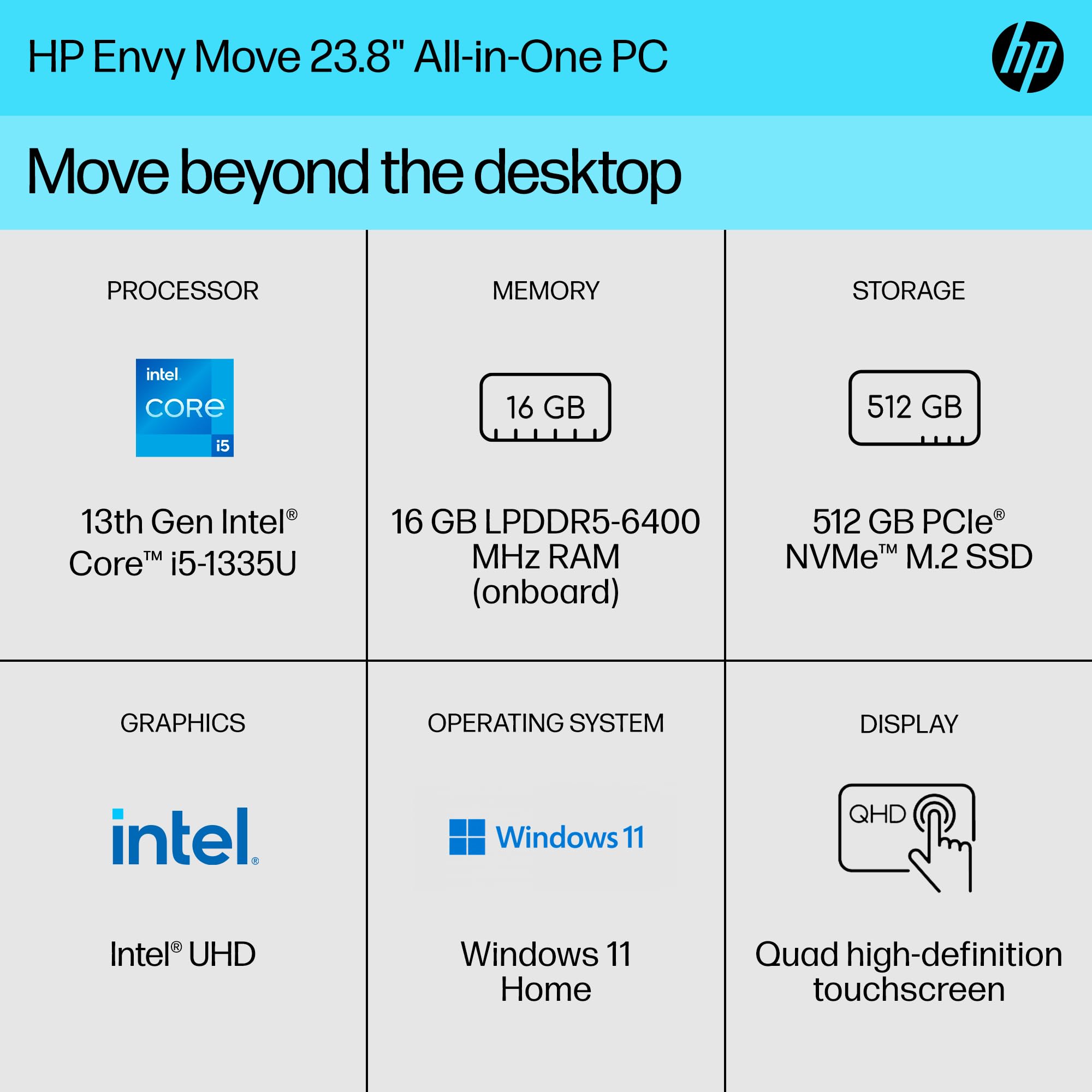 HP Envy Move 23.8 inch All-in-One PC, QHD Display, 13th Generation Intel Core i5-1335U, 16 GB RAM, 512 GB SSD, Intel UHD Graphics, Windows 11 Home, 24-cs0090 (2023)