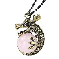 TUMBEELLUWA Dragon Necklace with Round Bead for Men Women Healing Crystal Stone Brass Wrapped Pendant Animal Jewelry Gift