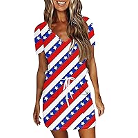 Patriotic Dress for Women Vintage American Flag Print Loose Fit with Short Sleeve V Neck Tunic Dress with Pockets