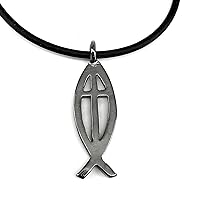 Jesus Fish Large Ichthus Cross Dark Metal Finish Pendant Black Cord Necklace