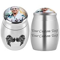 Personalized Mini Keepsake Urns - Custom Photo Text/Date Urn for Human Ashes Waterproof Decorative Cremation Funeral Urns Extra Small Ashes Holder（Custom Photo&Text - Silver - Angel Wings）