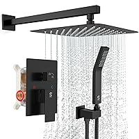 SR SUN RISE Black Square Rainfall Shower Head and Handle Set, Wall Mounted Shower Fixtures, Metal Shower Faucet Trim Repair Kits (With Shower Valve)