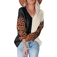 ANCAPELION Women’s V Neck Sweater Pullover Leopard Long Sleeve Basic Color Block Jumper Casual Knitted Tops