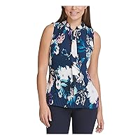 DKNY Petite Floral Pleated Tie-Neck Top Navy/Blue, PM