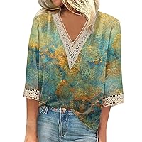 Womens 3/4 Sleeve Summer Tops,Fall Plus Size 3/4 Sleeve Tops Lace Panel Collar Blouses 3/4 Sleeve V Neck Printed Shirts