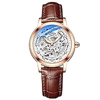 RORIOS Women Watches Automatic Self-Winding Watch with Leather Strap Tourbillon Mechanical Wristwatch Fashion Luminous Watch for Ladies Girls