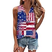 Women's 4Th of July Tops Shirt Blouse Button Vintage Print Sleeveless Casual Basic Top Pullover Shirt, S-3XL