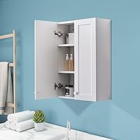 White Wall Mount Cabinet, MDF Over The Toilet Storage Cabinet with Adjustable Shelves, Space Saver 2 Door Medicine Cabinet for Bathroom Laundry Kitchen, 19x 27in, No Paint Odor