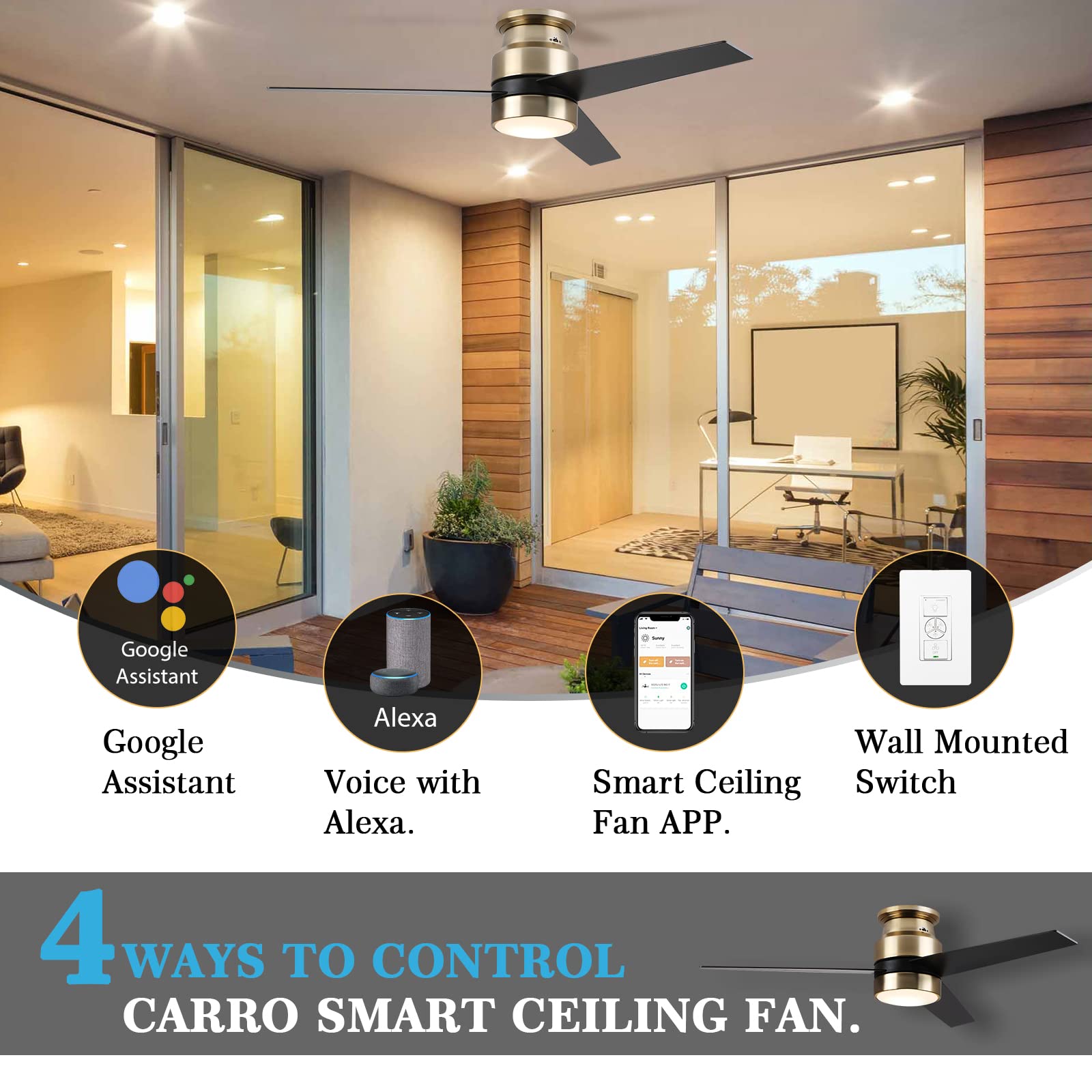 Carro Low Profile Smart Ceiling Fan with Light, Work With Alexa/Google Home/Siri|Reversible Motor|Schedule| Needs Neutral Wire, No Hub Required, 52 inch