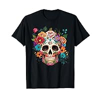 Sugar Skull With Flowers Colorful Day of the Dead T-Shirt