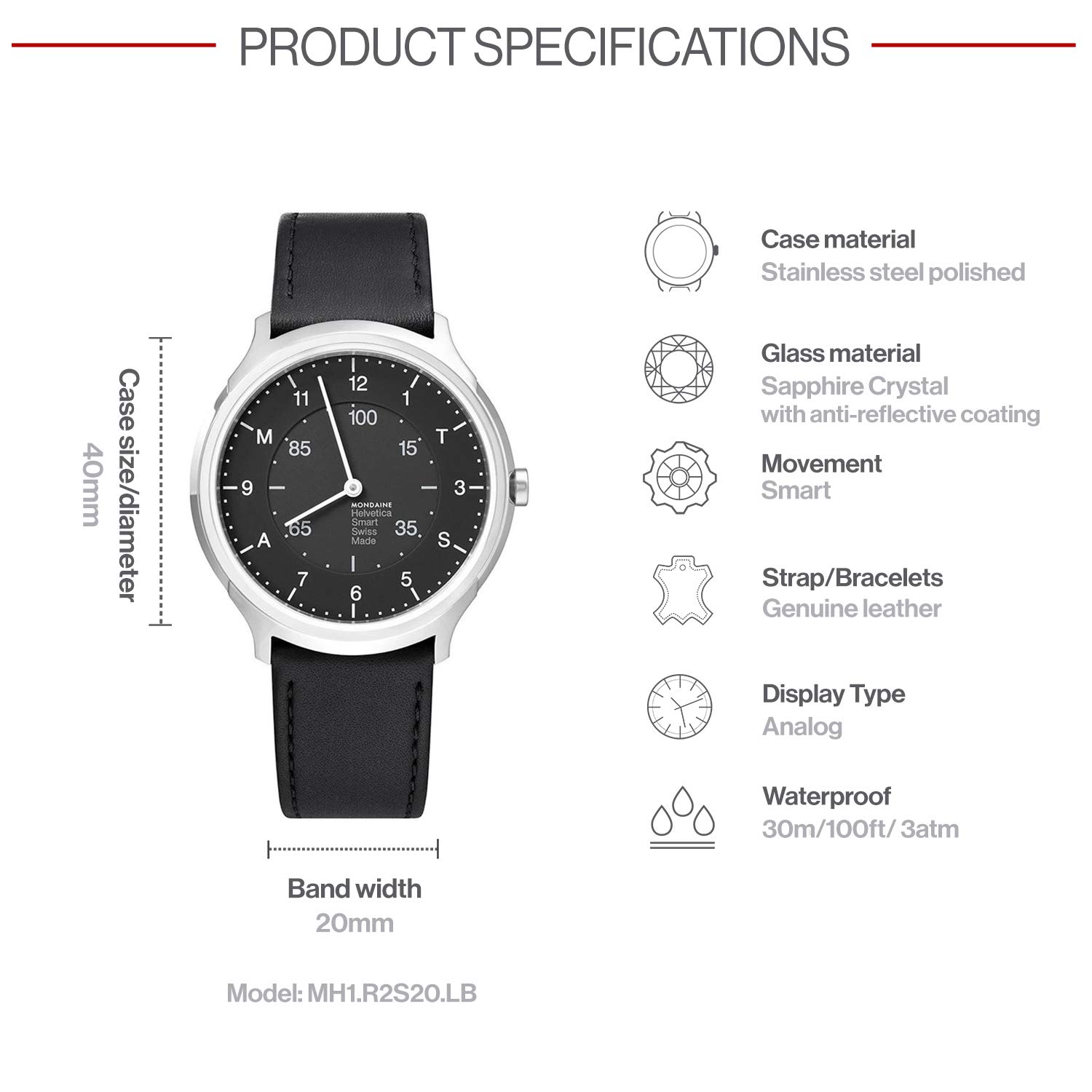 Mondaine Helvetica No 1 Classy Smartwatch for Men (MH1.R2S20.LB): Pedometer Caloric Tracking Sleep Tracker
