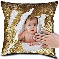 Personalized Picture Magic Reversible Custom Throw Pillowcase, DIY Design Sequin Pictures Photos, Single Side Printed, Pet, Lover & Family Photo Throw Pillow Case, 16''x16'' (Gold)