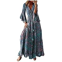 2024 Summer Casual Women Plus Size Retro Boho Maxi Dress 3/4 Bell Sleeve Lace-Up High Waist Flowy Ruffle Hem Dress