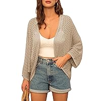 GRACE KARIN Open Front 3/4 Sleeve Batwing Cardigan for Women Lightweight Crochet Summer Cardigan Hollow-out Cover Ups