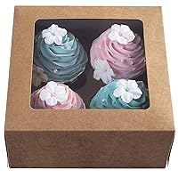 ONE MORE [15pcs] Kraft Paper Cupcake Boxes,Valentines Day Cookie Gift Boxes with Clear Window,Auto-Popup Cupcake Containers Carriers Bakery Cake Box with Insert 4 Cavity (Brown,15)