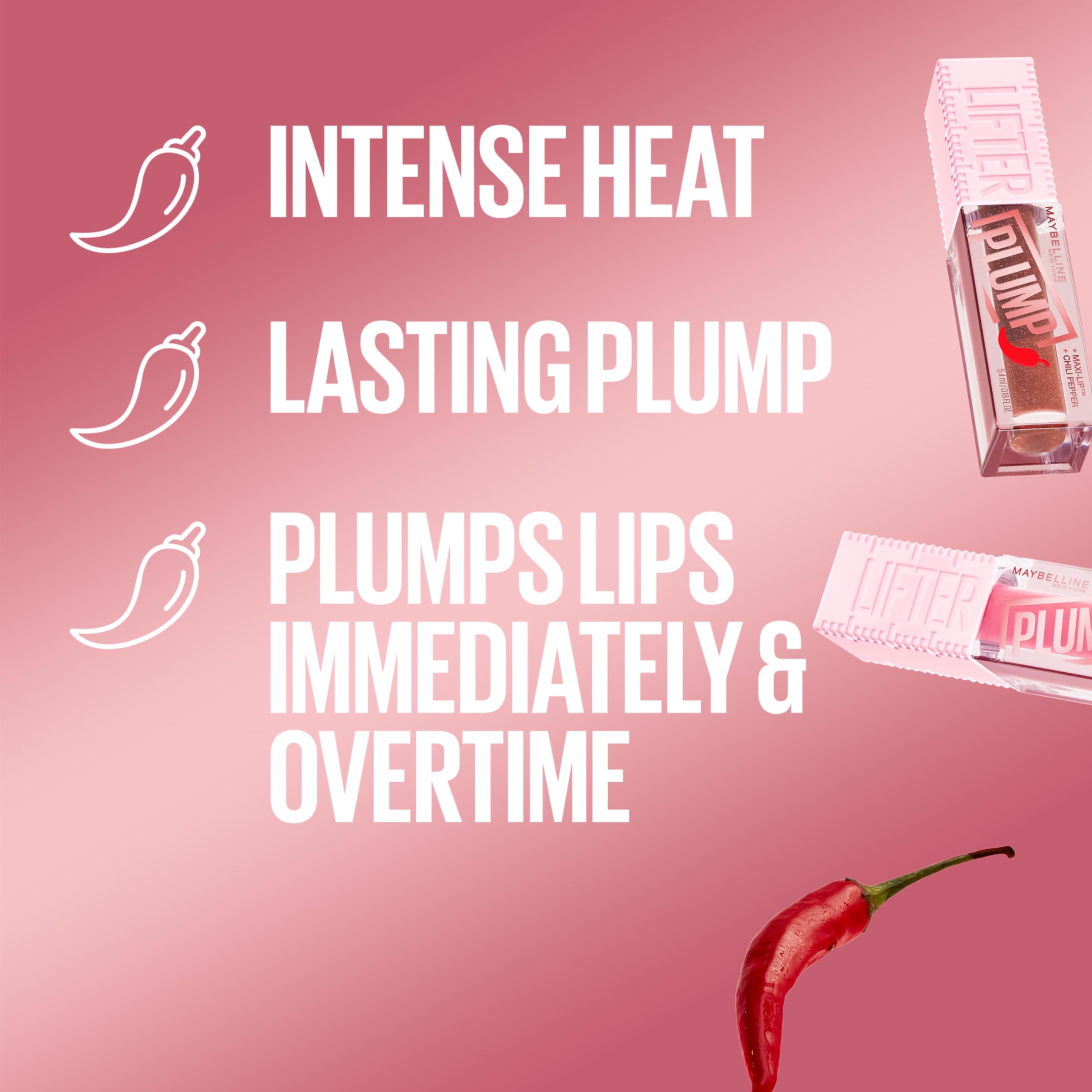 MAYBELLINE Lifter Gloss Lifter Plump, Plumping Lip Gloss with Chili Pepper and 5% Maxi-Lip, Hot Honey, Clear with Pink and Gold, 1 Count