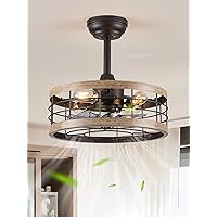 LEDIARY 16.5in Black Caged Ceiling Fan With Light, Bladeless Industrial Ceiling Fan With Remote, Rustic Metal Fan Lights Ceiling Fixtures For Kitchen, Farmhouse, Bedroom（6 Speed,1/2/4/8h Timing）-Brown
