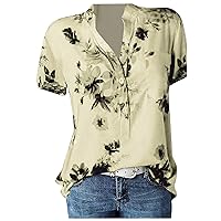 Summer Tops for Women 2024, Trendy Casual Fit Printed V-Neck Shirts Short Sleeve Button Down Loose Blouse Work Out Tee