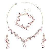 Yolev Rhinestone Wedding Jewelry Sets for Bridal Women‘s Crystal Necklace Bracelet Earrings Set Pink Gold Jewelry Set for Brides Bridemaid Prom Costume Accessories, Metal, No Gemstone