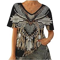 Native American Tops for Women Vintage Feather Owl Print Graphic Tees Summer Casual Short Sleeve V Neck Western T Shirts