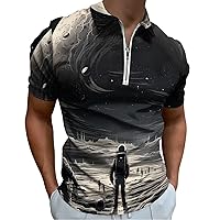 Space Astronaut and Planet Polo Shirts for Men Half Zip-up Short Sleeve Golf T-Shirts Slim Fit Tops Tees