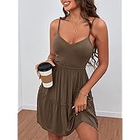 Necklaces for Women Layered Frill Trim Ruffle Hem Cami Dress (Color : Mocha Brown, Size : XS)