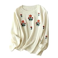 Women Sweater Wool Cashmere Floral Embroidery Cable Knitted Crewneck Long Sleeve White Pullover Top 1771