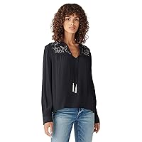 Lucky Brand Womens Long Sleeve Notch Neck Embroidered Peasant Top