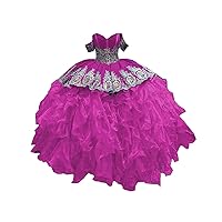 Gold Embellishment Ruffles Satin Organza Ball Gown Quinceanera Prom Formal Dresses Off Shoulder Adult Long