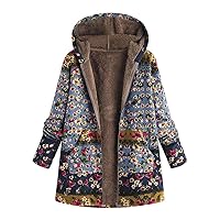 Womens Jacket Parka Plus Size Boho Floral Print Color Block Patchwork Hooded Fleece Lined Warm Long Loose Coats Winter