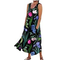 Women's Summer Dresses Cotton Linen Floral Print Dresses Sleeveless Beach Vacation Flowy Long Sundress with Pockets