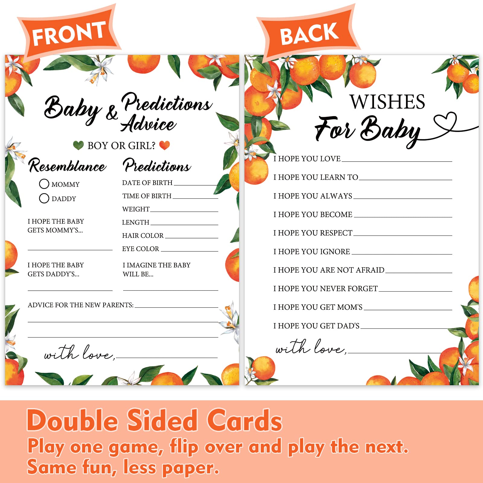Little Cutie Orange Baby Shower Games, 4 Neutral Games, 50 Sheets Each, Fun Baby Shower Games Activities, Includes Bingo, Baby Prediction and Advice, Wishes for Baby, and Guess Who Mommy or Daddy