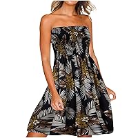 Womens Summer Retro Floral Bandeau Beach Dresses Strapless Smocked High Waist Casual Flowy A-Line Dress for Vacation