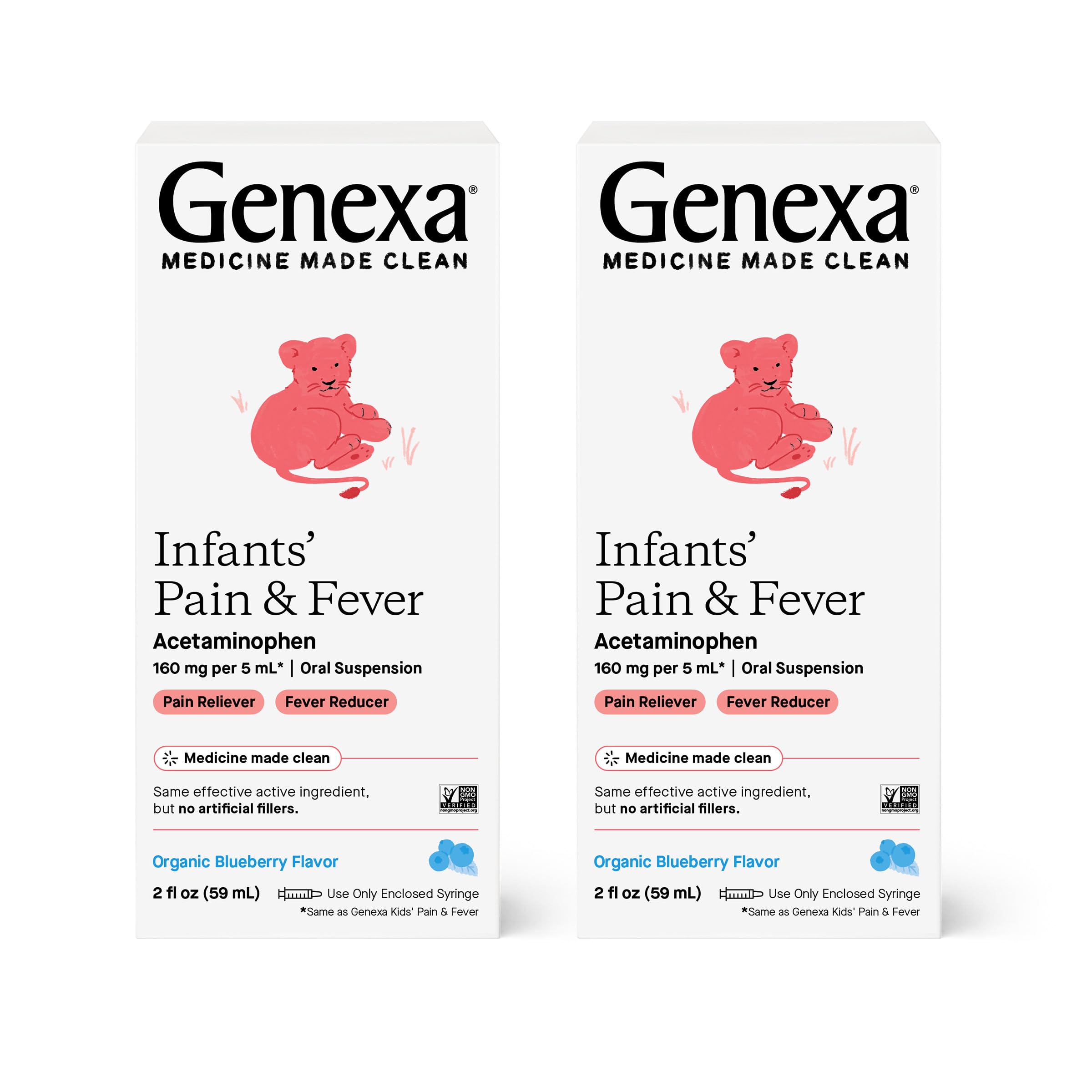 Genexa Infants’ Pain and Fever Reducer | Baby Acetaminophen, Dye Free, Liquid Oral Suspension Medicine for Infant | Delicious Organic Blueberry Flavor | 160 mg per 5mL | 4 Fluid Ounces (2 Pack)