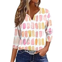 Womens Tee Shirts 3/4 Length Sleeves Geometric Color Blocking Floral Print V Neck Button Summer Tops Trendy Plus Size Blouse