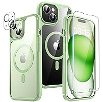TAURI 5-in-1 Magnetic for iPhone 15 Case Green, [Compatible with Magsafe] [Not Yellowing] with 2X Screen Protector +2X Camera Lens Protector, Slim Shockproof Phone Case for iPhone 15