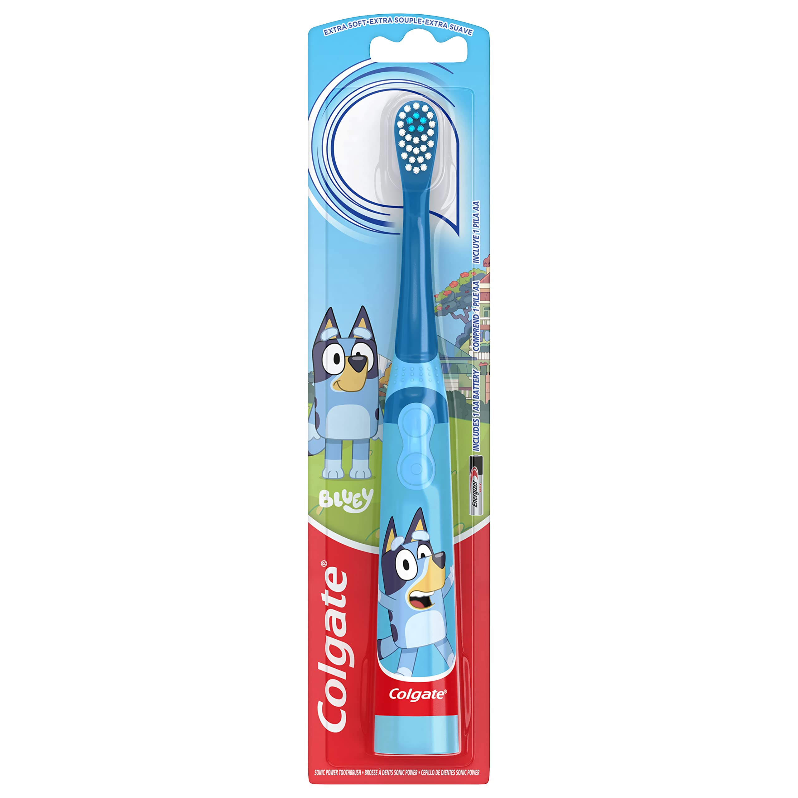 Colgate Kids Battery Powered Toothbrush with Included AA Battery, Extra Soft Bristles, Flat-Laying Handle to Prevent Rolling, Bluey Toothbrush, 1 Pack