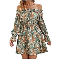 Womens 3/4 Puff Sleeve Cold Shoulder Dresses Floral Dresses for Women Chiffon Beach Hawaiian Ruched Midi Dresses