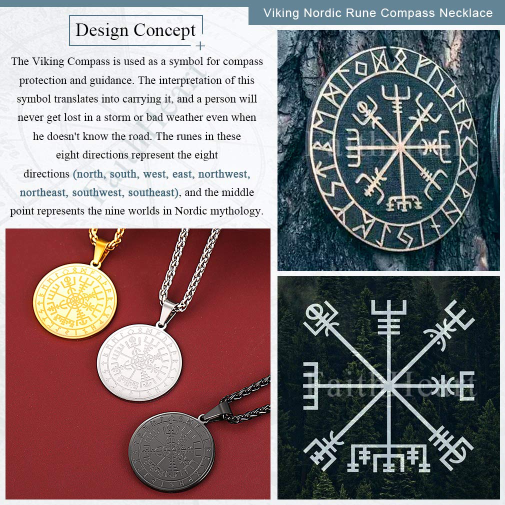 FaithHeart Norse Viking Thor's Hammer Talisman Necklace, Stainless Steel Men Vintage Original Jewelry Nordic Viking Vegvisir Mjolnir Compass Amulet Pendant (Gift Packaging)